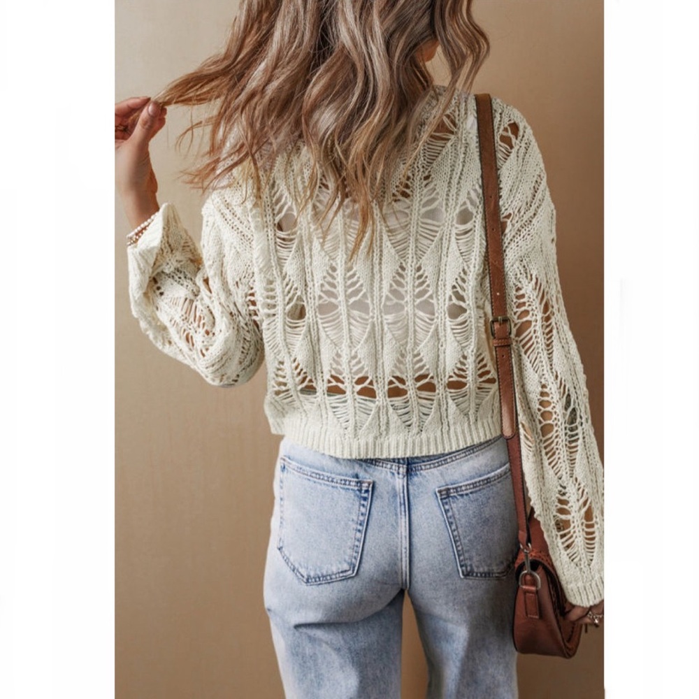 Cream Crochet Loose Fit Sweater - Picture 2 of 12